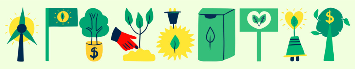 Green energy and eco investment modern  set. Renewable energy, planting trees, eco-friendly products. ESG hand drawn design vector elements.
