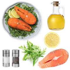 Dish with salmon and other ingredients on white background, collage