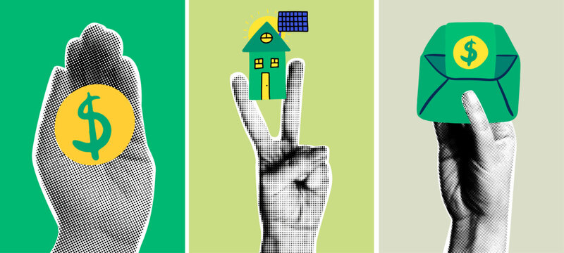 Green economy and sustainable finance conceptual posters. Contemporary art collage with halftone hands holding money, eco house and payment.