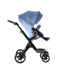Baby carriage. Modern pram with pale blue canopy isolated on white