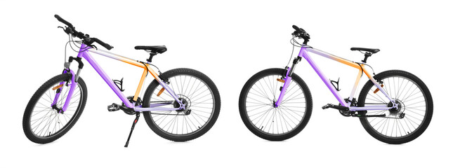 Color bicycle on white background, collage. View from different sides