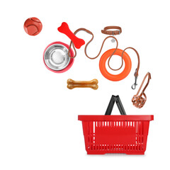 Different products for pets falling into shopping basket on white background