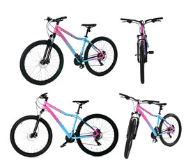 Color bicycle on white background, collage. View from different sides