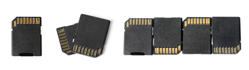 SD memory cards isolated on white, collage. Top view