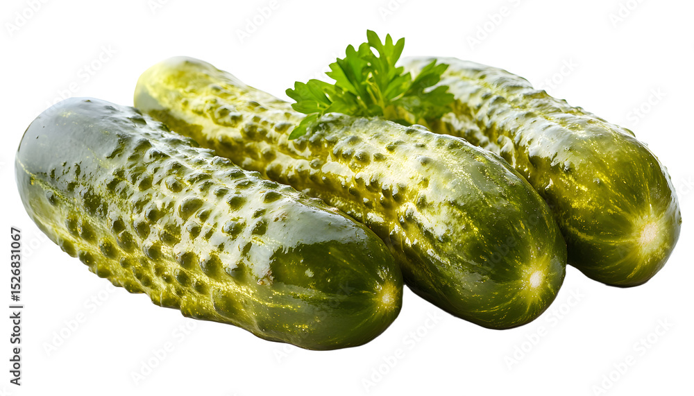 Poster marinated pickled cucumber isolated on white background full depth of field