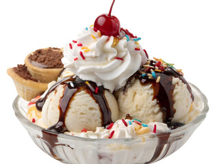 Vanilla and Chocolate Ice Cream Sundae Isolated on transparent background, Isolated Png file, Cut-out, Isolate Png, No Background, Isolated object