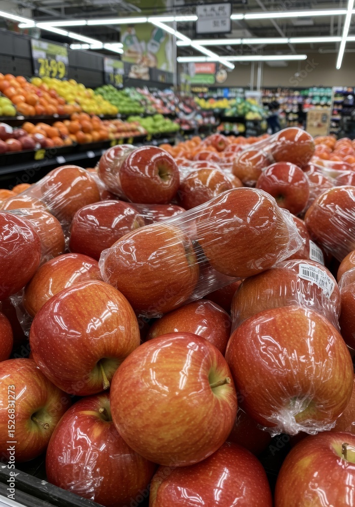 Poster fresh red apples at grocery store - close-up of many shiny red apples in plastic wrap displayed at a