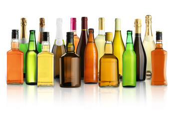 Bottles with different types of alcoholic drinks on white background, set