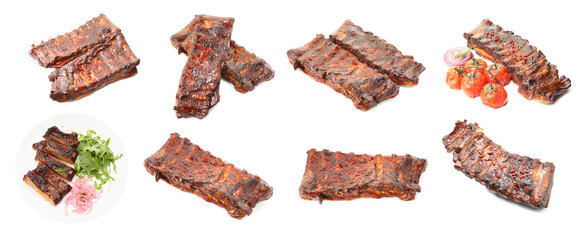 Delicious grilled ribs on white background, collage