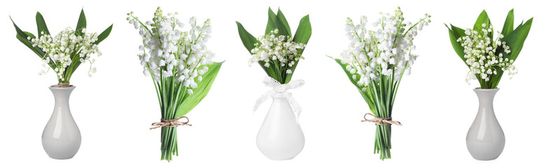 Aromatic bouquets of lily of the valley flowers isolated on white, collage