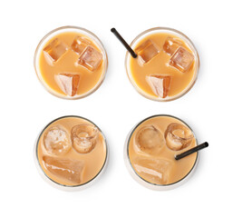 Refreshing iced coffee in different glasses isolated on white, set. Top view