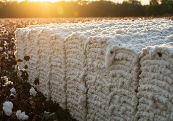 Harvested Cotton Bale in a Field at Sunset – Natural, Agricultural, and Symbolizing Sustainability, Textile Production, and Organic Farming.
