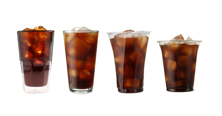 Set of refreshing iced coffee drinks isolated on white