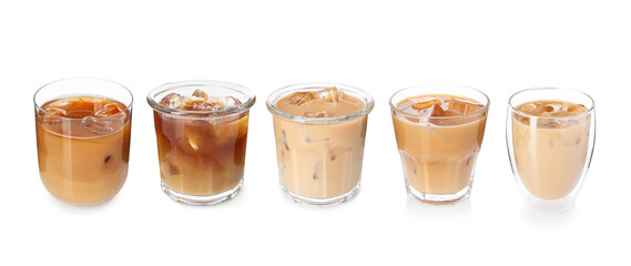 Refreshing iced coffee drinks in different glasses isolated on white, set