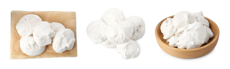 Yummy meringue cookies isolated on white, collage