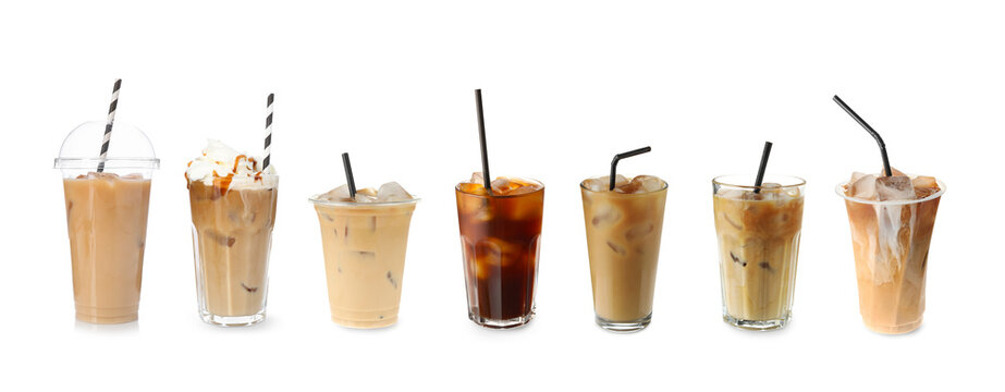 Set of refreshing iced coffee drinks isolated on white