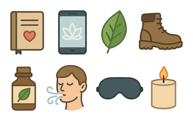 Wellness and relaxation icons set &ndash; line, holistic health and calmness symbols