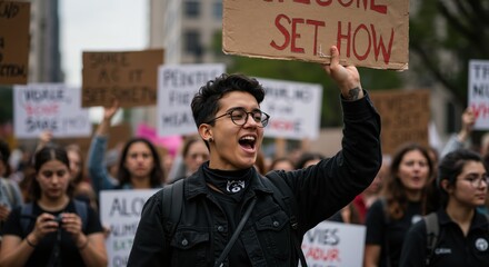Young man shouting while holding protest sign during demonstration