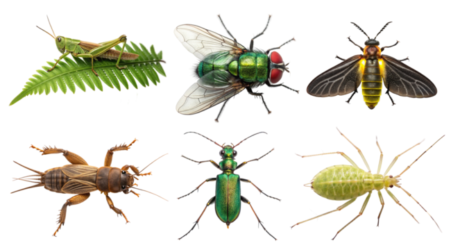 Various insects including a grasshopper, fly, firefly, cricket, beetle, and aphid isolated on transparent background