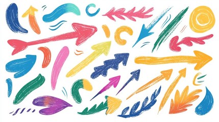 Colorful hand-drawn arrows and shapes perfect for creative design projects, showcasing vibrant colors and unique styles.