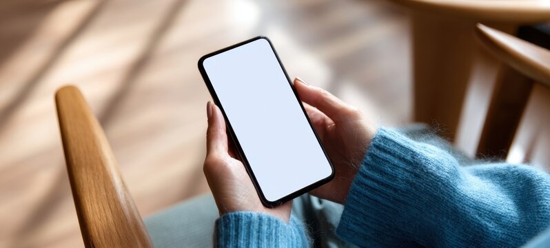 The smartphone held in hands with a blank screen in a cozy environment