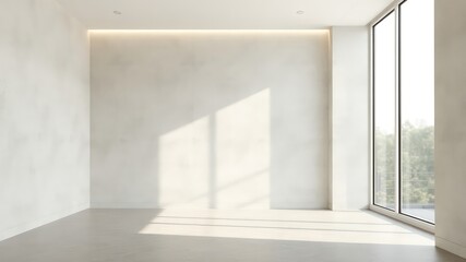 Fototapeta premium Bright and Spacious Room with Minimalist Design Elements, Natural Light Streaming Through Large Window, Ready for Customization and Interior Decor