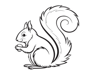 A black and white line drawing of a full squirrel in profile view isolated on transparent background, PNG

