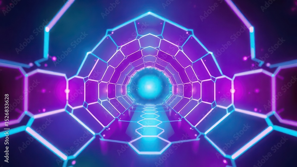 Poster luminous geometric tunnel with radiant glow, creating a path towards a bright central point in a fut