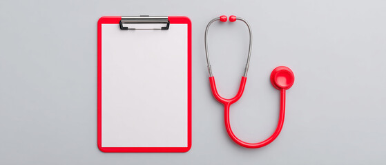 Red stethoscope and clipboard on light background, symbolizing healthcare and medical practice
