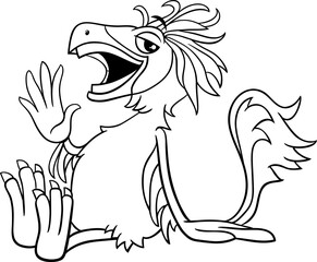 cartoon Caudipteryx dinosaur character waving hand coloring page