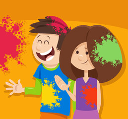 happy cartoon children on the party with color powders