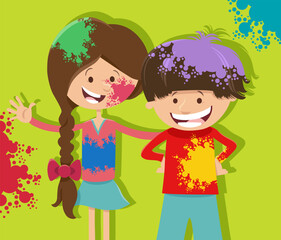 happy cartoon girl and boy having fun on party with color powders