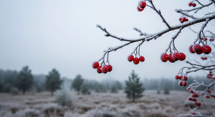 Close-up shot of bare branch with red berries in frost
