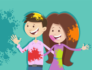 happy cartoon girl and boy on party with color powders