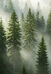 Misty Mountain Pine Forest - Sunlight streams through the mist in a dense evergreen forest, illuminating tall pine trees. Serene and peaceful