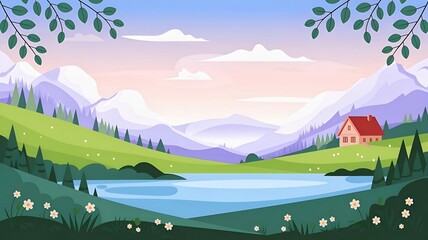 Obraz premium Peaceful Mountain Chalet by a Lake at Dawn