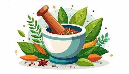 Colorful Mortar And Pestle With Spices And Herbs