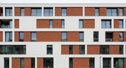 Modern Brick and White Apartment Building - Contemporary apartment building exterior showcasing a stylish blend of red brick and white panels. Clean lines and large windows
