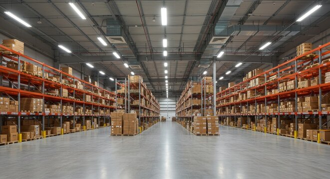 Modern Warehouse Inventory Management - Spacious warehouse interior with organized inventory on high shelves, showcasing efficient logistics and storage solutions
