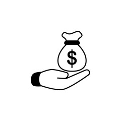 Hand Icon Holding Money Bag, Financial Icon, Saving Money, Investment, Vector Illustration, Symbol, Design Logo Template Pictogram, For Ui or Ux Isolated On White for Mobile App, Editable