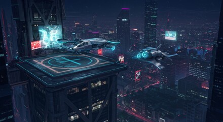 Night City Air Transport 2025 - Futuristic cityscape at night, flying vehicles, neon lights, technological advancement, urban exploration