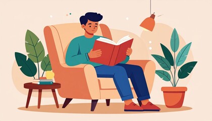 Man Reading Book In Armchair At Home