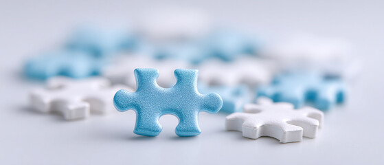 Blue and white puzzle pieces on soft focus background