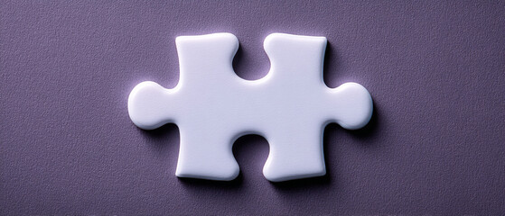 Fototapeta premium Single white puzzle piece on textured purple background, symbolizing connection and problem solving