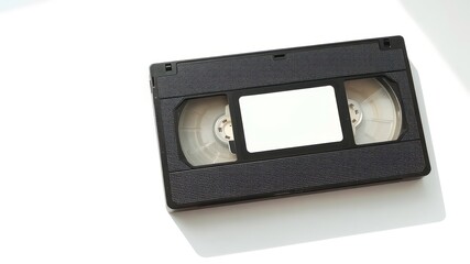 Obraz premium Black plastic rectangular tape cassette with visible tape reels and blank label on a plain white surface