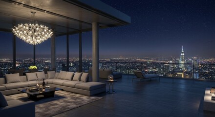 Fototapeta premium Penthouse Night View Cityscape - Luxurious penthouse apartment with stunning city night view, modern furniture, and elegant chandelier