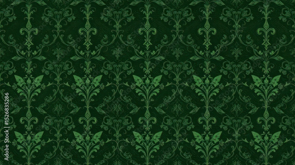 Poster subtle green hues highlight a patterned background featuring floral and foliage elements intertwined