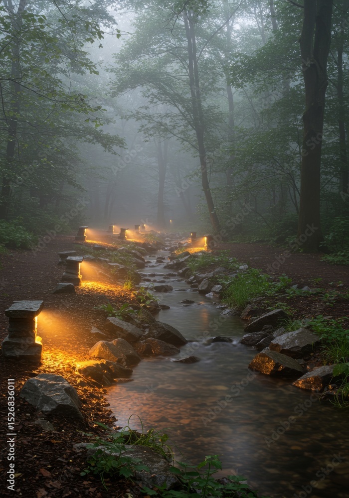 Aufkleber serene forest stream at dusk - a tranquil stream flows through a misty forest, illuminated by soft, 