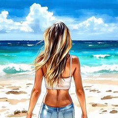 Art illustration: young woman in swimsuit and jeans looking at the sea from the shore. Watercolor style