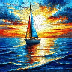 Art illustration: seascape with sailboat at sunset. Mosaic style